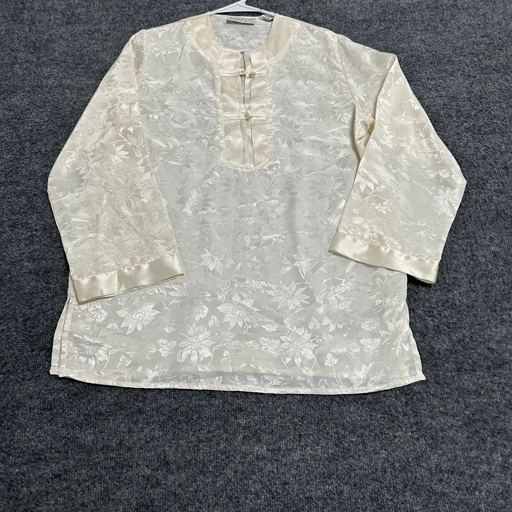 Erika Taylor Blouse Womens Size S Cream Floral Jacquard Satin Trim Frog Button